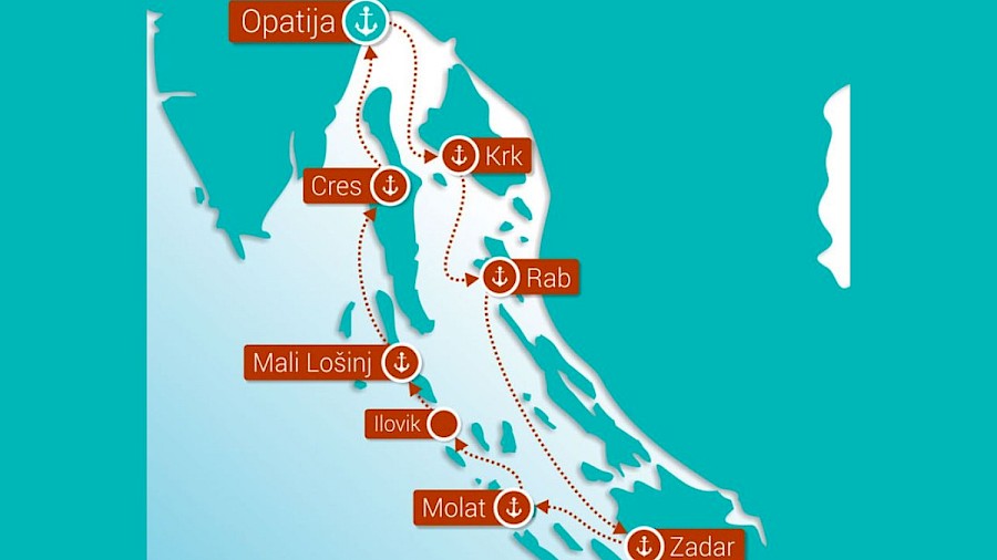 Karta rute krstarenja Kvarnerom: Opatija, Krk, Rab, Zadar, Molat, Ilovik, Mali Lošinj i Cres
